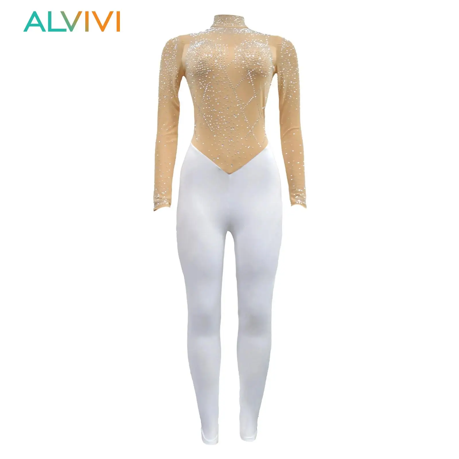 

Женский комбинезон с блестящими стразами для гимнастики, комбинезон для фигурного катания, комбинезон для балета и танцев, прозрачное сетчатое боди с длинными рукавами