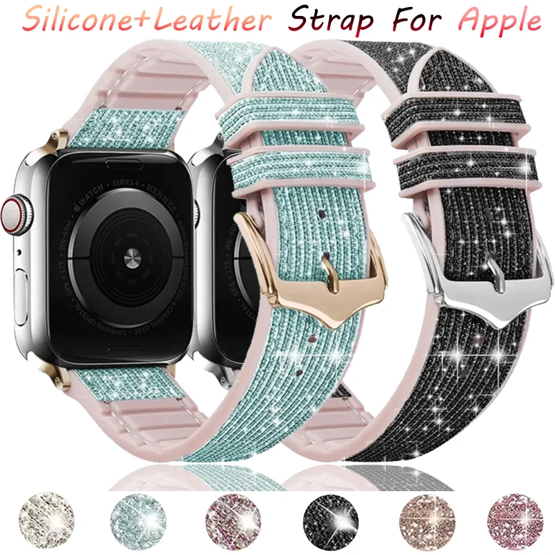 Silicone+Leather Band For Apple Watch 45mm 41mm 44mm 42/40/46mm Women Fashion Wristband iWatch Ultra 2 49mm 11 10 9 8 7 6 5 4 SE
