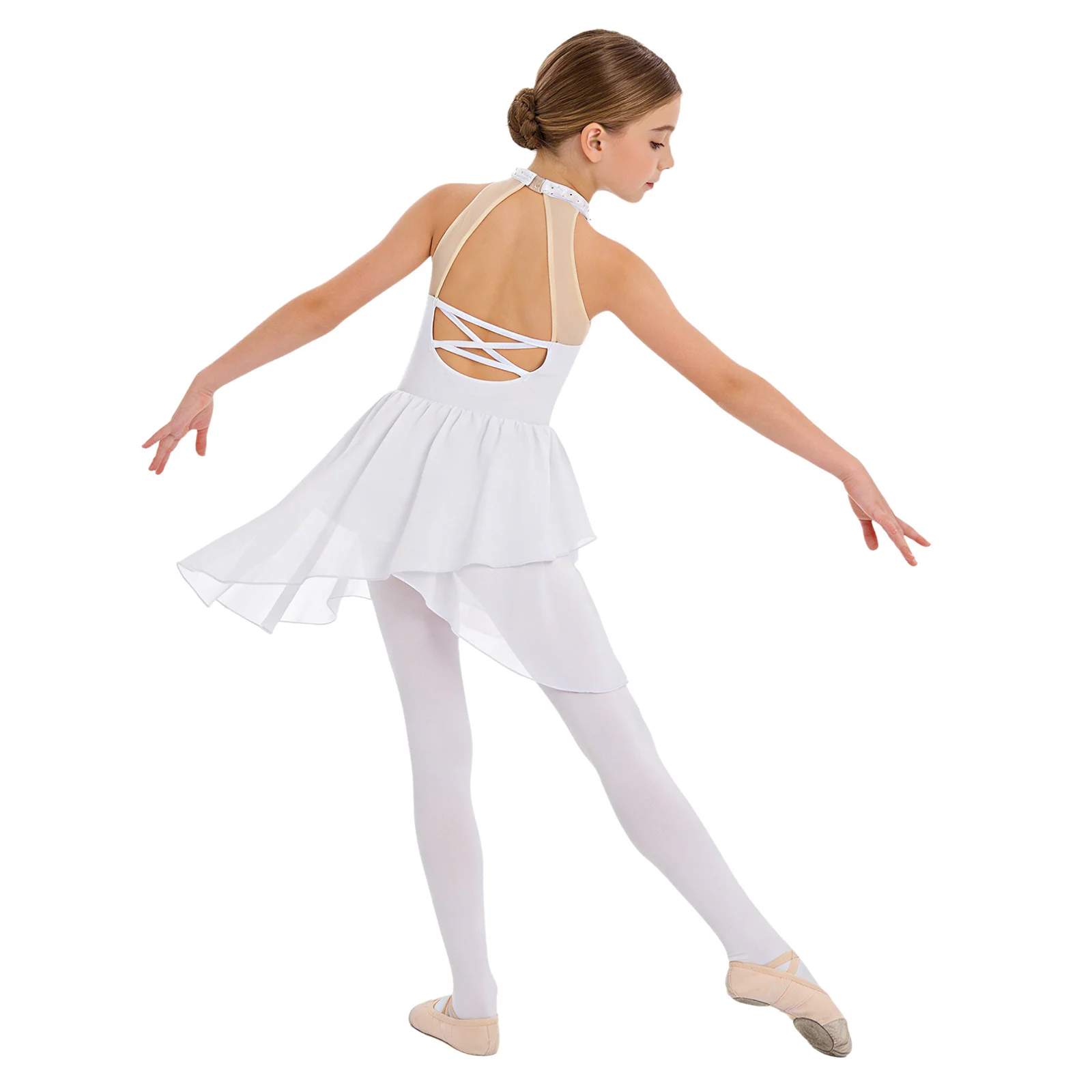 Kids Girls Shiny Rhinestone Ballet Jersey Lyrical Dance Dress Sleeveless Sheer Mesh Artistic Figure Skating Gymnastics Costume
