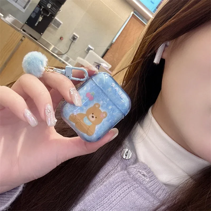 블루 카툰 테디 베어 케이스, 에어팟 4, 에어팟 1, 2, 3 프로, 프로 2 용, 블루투스 이어버드 충전 박스, 보호 이어폰 케이스 커버