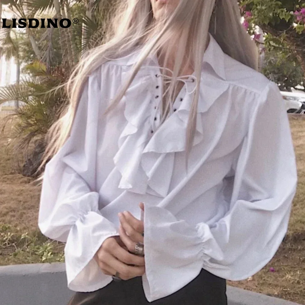 LisdinoMen Pirate Shirt Vampire Prince Poet Shirts Medieval Buccaneer Frills Lace Up Renaissance Vintage Gothic Blouse Tops