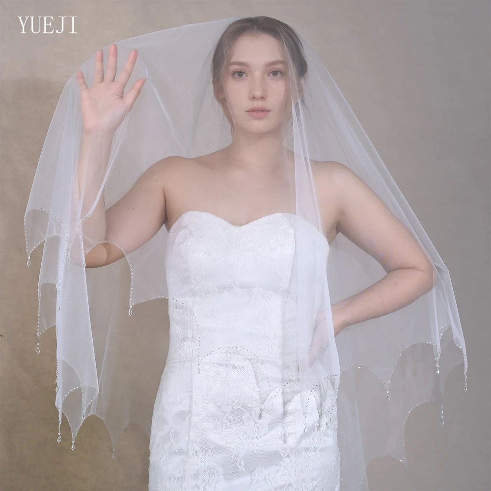 YUEJI-véu nupcial artesanal com gotas de cristal, borda recortada, tule, casamento próprio, branco, marfim, elegante, YJ218