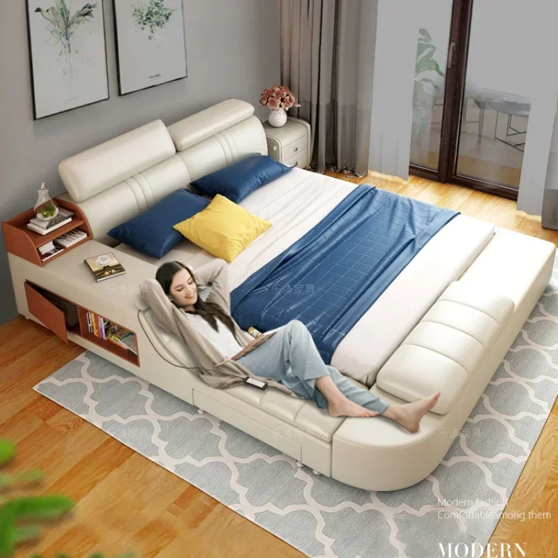 

-For Elderly Functional Leather Bed Creative Nordic Massage Wedding Bed Master Bedroom Compact Cama De Casal Postmodern Furnitur