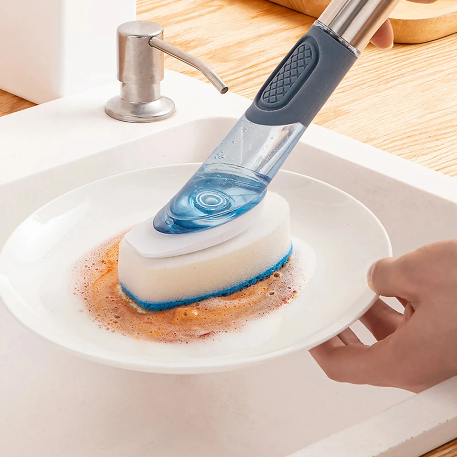 Set di spazzole per piatti per erogazione di sapone con 4 testine di ricambio Spazzola per piatti da cucina con base con dispenser di sapone