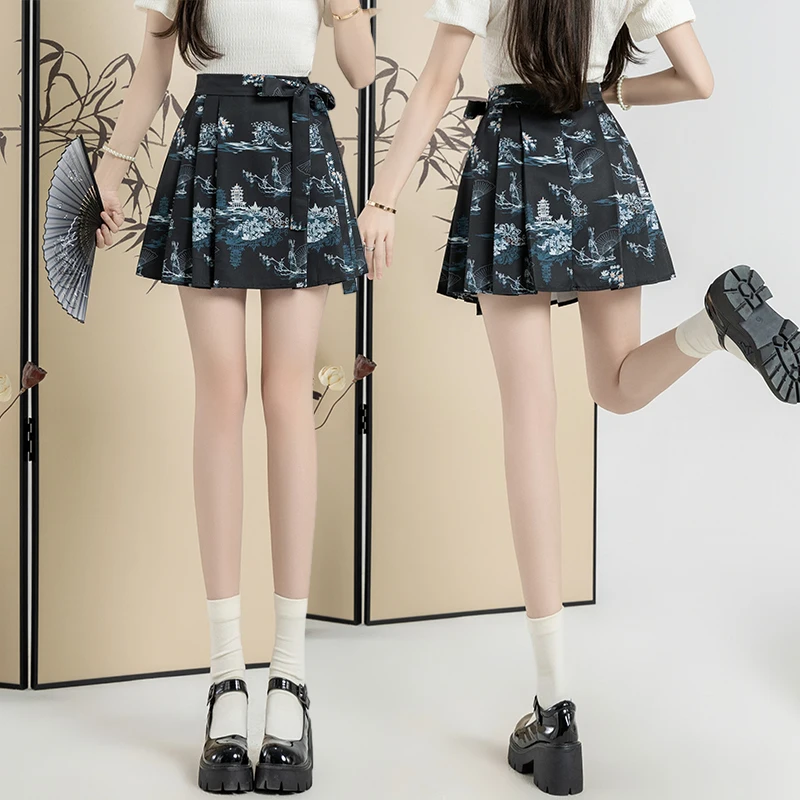 

Summer New Fashion Printing High Waist Strap A-line Skirt Women High Street Chinese Style Loose Casual Pleated Skirt