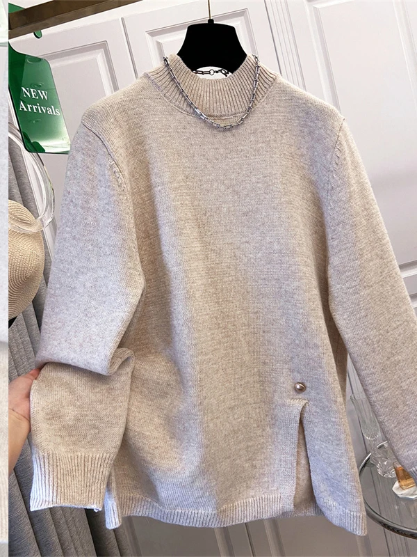 Maglione a collo alto autunno inverno vestibilità ampia taglie forti dimagrante versatile spacco irregolare maglieria da donna di marca grande