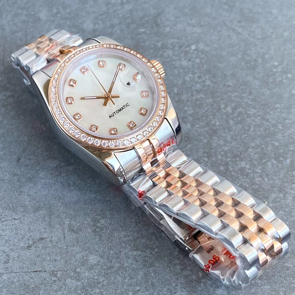 BLIGER Rose Gold 31mm Shell Dial Lady Watches NH05 Automatic Movt Watch Women Diamond Bezel Ring Sapphire Glass Luxury Clock