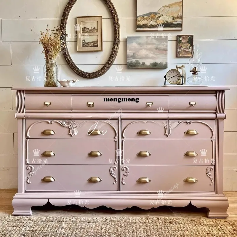 French retro solid wood porch cabinet carved multi-drawer pink chest cabinet household locker