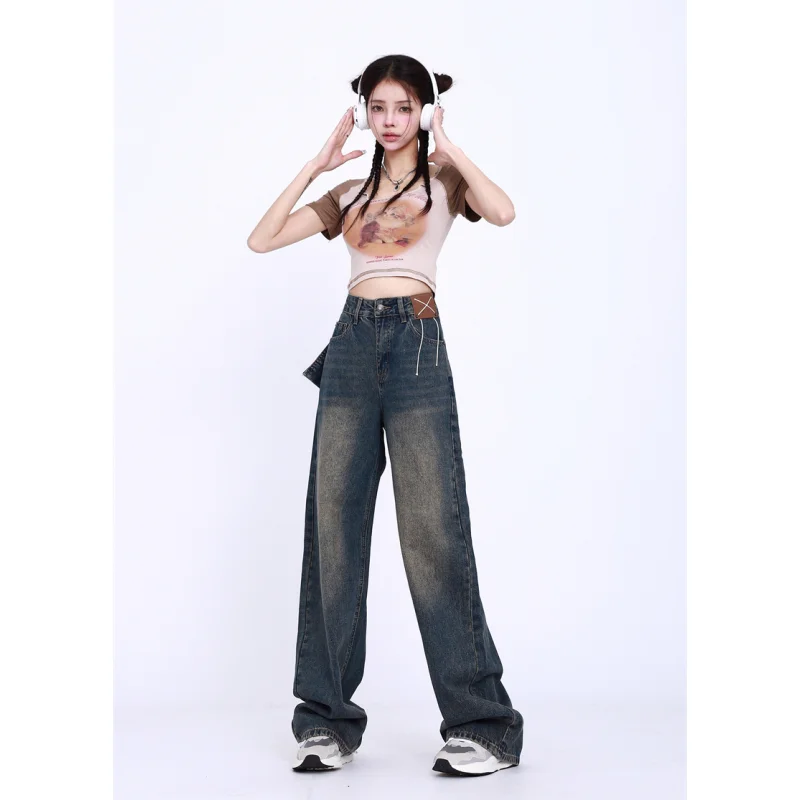 

Y2K Blue Jeans for Women Street Wear High Waist American Wide Leg Pants Vintage Fashion Straight 2024 Summer Bagge Trousers