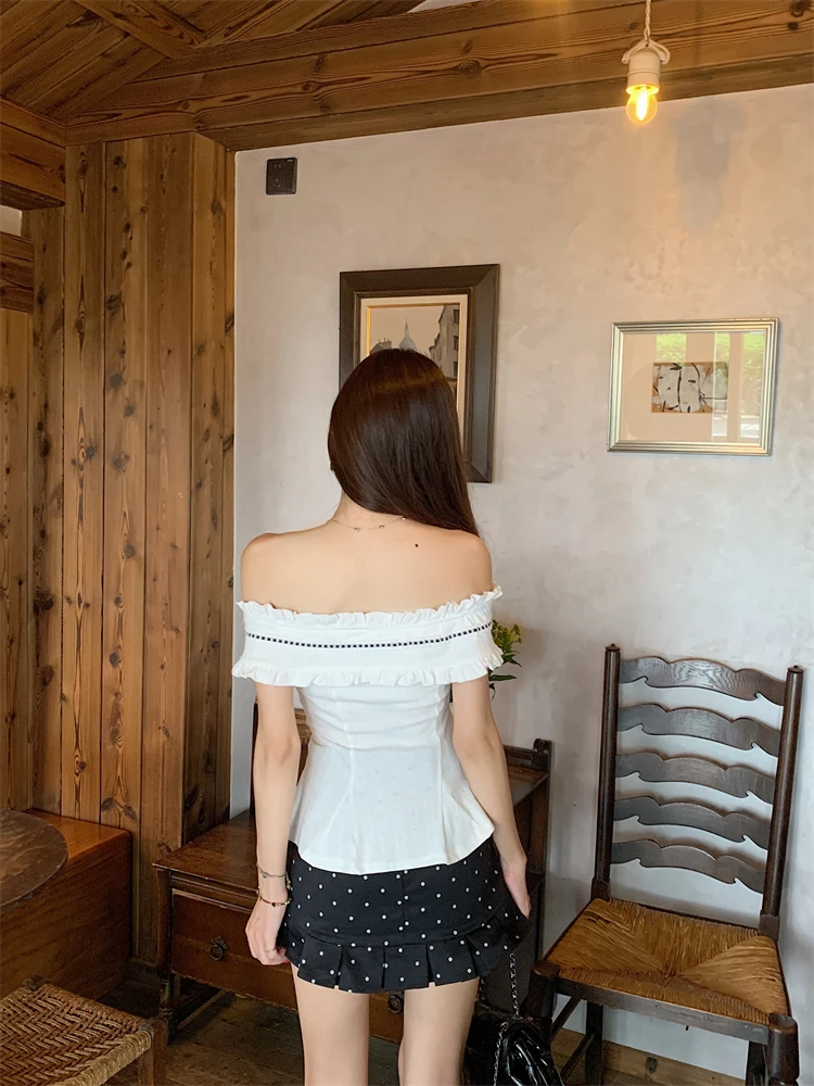 Hoge Kwaliteit Hot Selling Groothandel Ontwerp Gevoel Een Schouder Korte Mouwen T-shirt Polka Dot Tas Billen Rok Tweedelige set