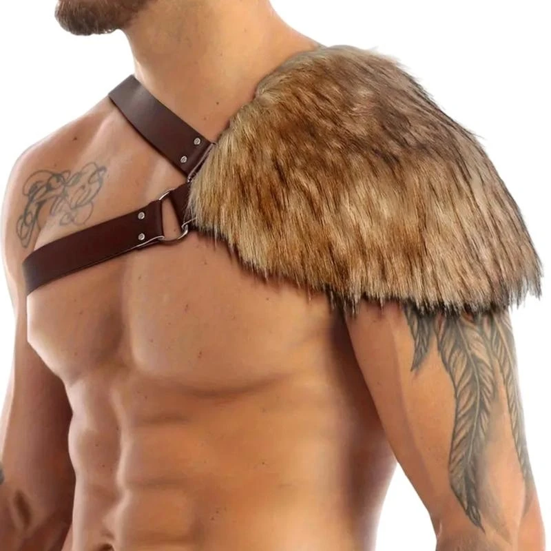 

DXAE Men Medieval Shoulder Guard Furry Leather Shoulder Guard Chest Harness for Men