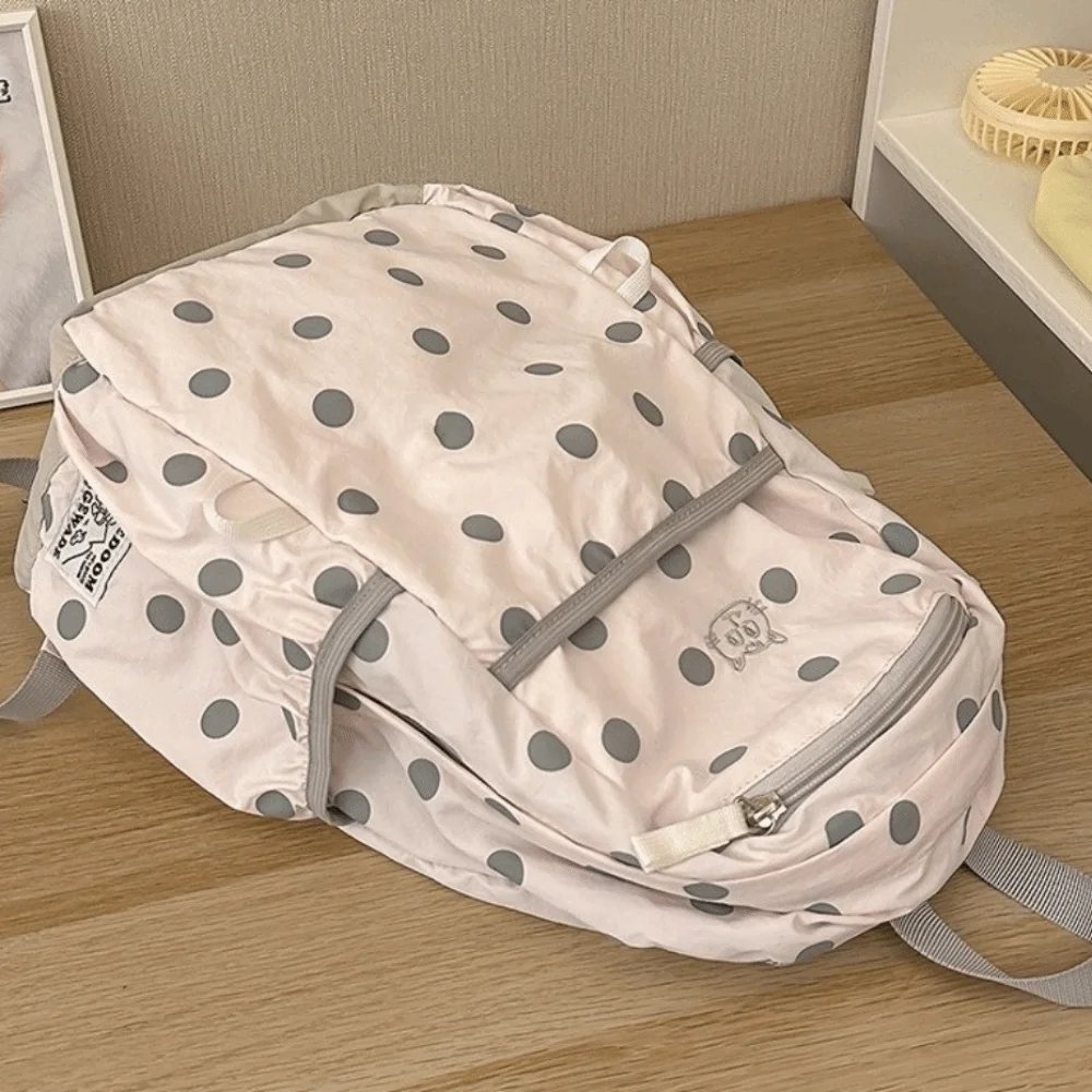Cartoon Embroidery Polka Dot Backpack Large Capacity Nylon Students Schoolbag Lightweight Travel Daypack for Teenage Girls
