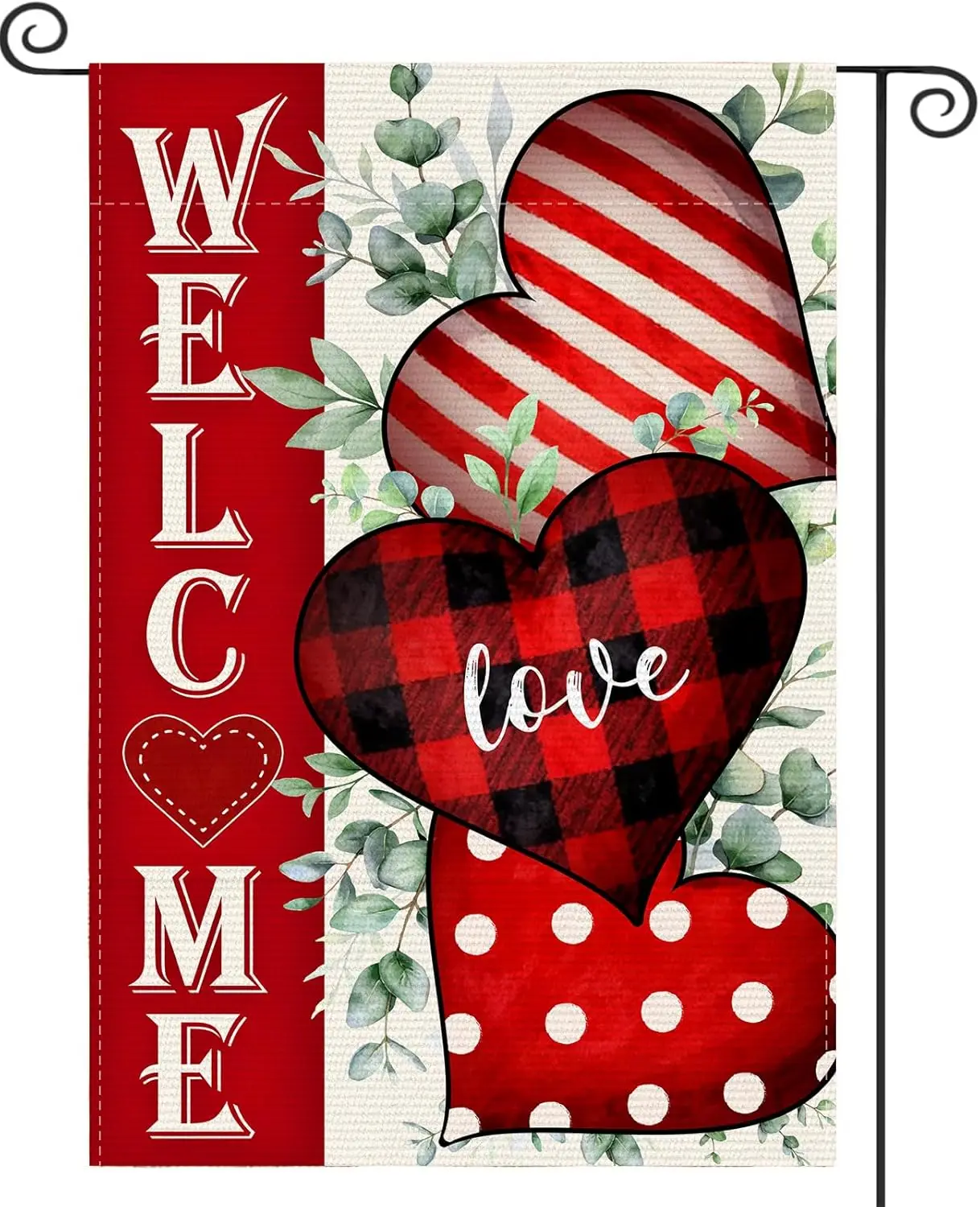 Valentines Day Garden Flag | 12x18 Inch Double Sided for Outside | Small Welcome Burlap Red Hearts Eucalyptus Holiday Yard D IIC