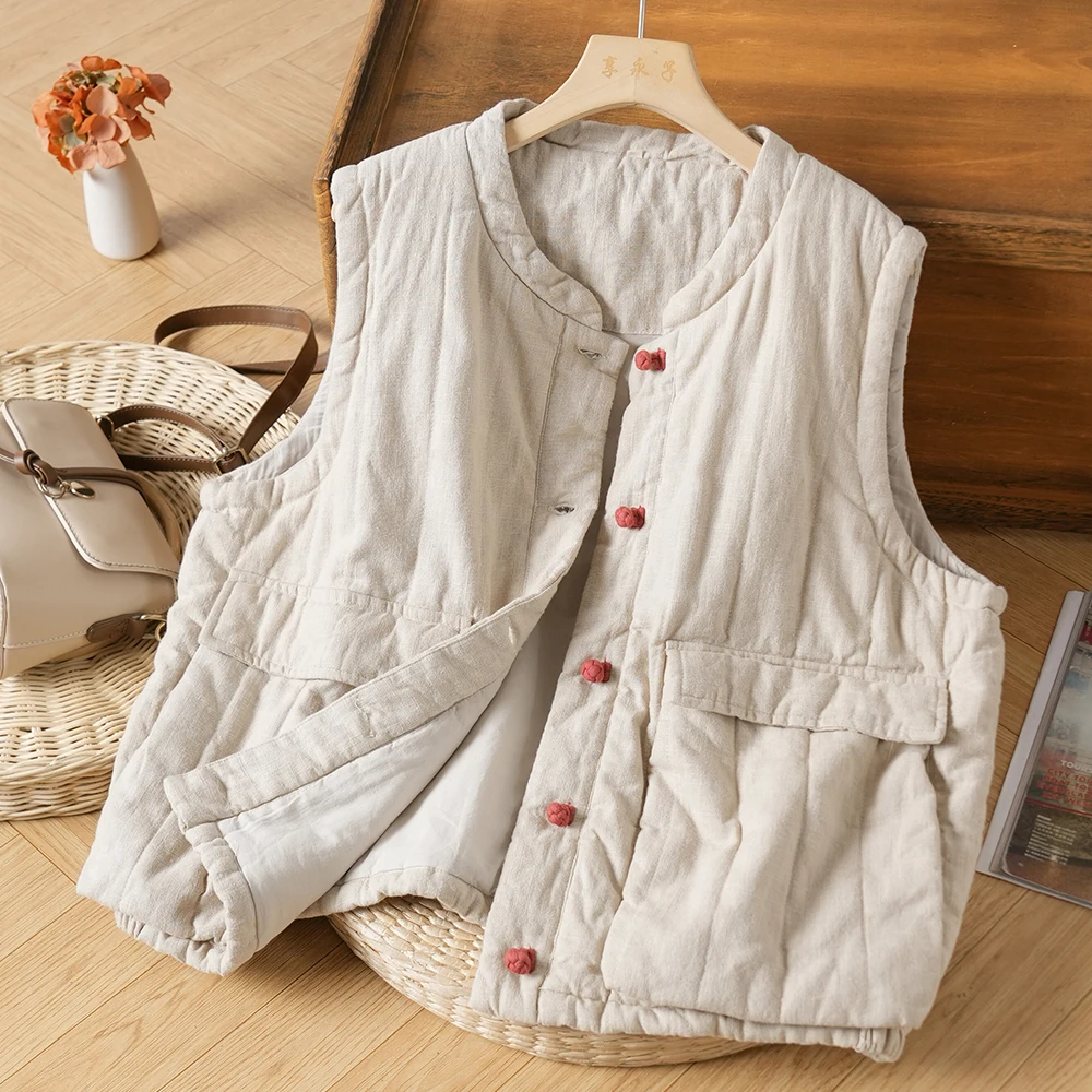 

Women Vintage Linen Vest Stand Coats Quilted Ramie Cotton Warm Button Clothes 2025 Winter Solid Chinese Style Plus Cotton Vests