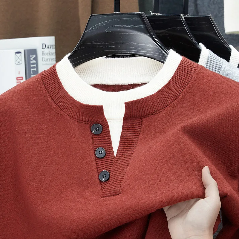 2025 Autumn Men's Sweater Long Sleeve Kniting pullover Crew Neck Fake Two Piece Pullover Minimalist Fashion Casual Versatile