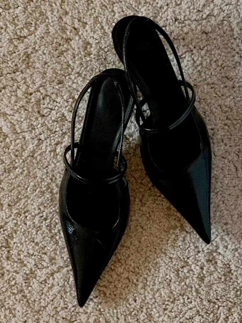 2025 Summer New Women Black High Heels Pointed Toe Stiletto Thin Strap Combination Back Strap Simple Design Office Lady Sandals