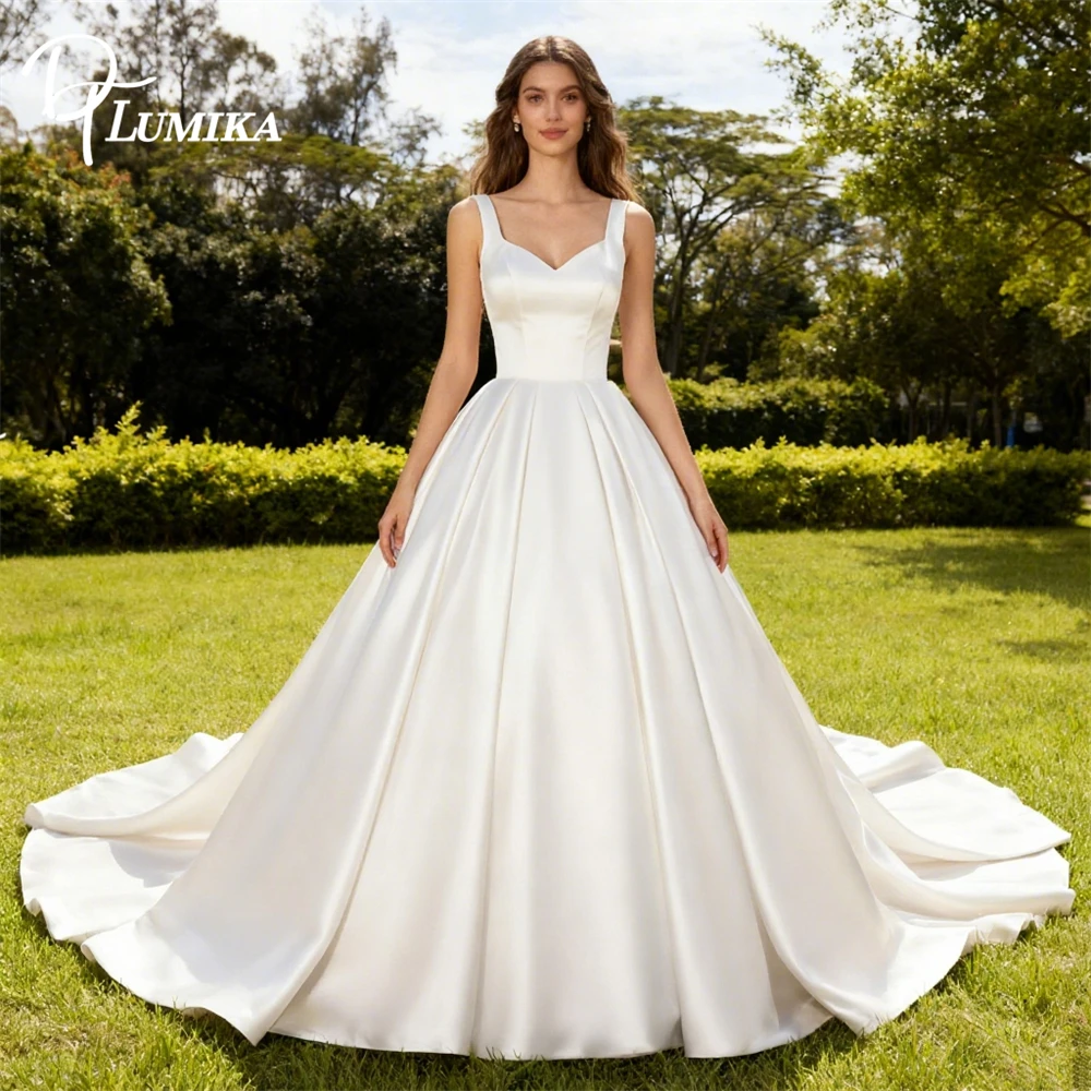 

DTLumika A Line Satin Bride Dress for Women 2026 Backless Court Train Modern Simple Bridal Gown Customized Wedding Gowns Bow