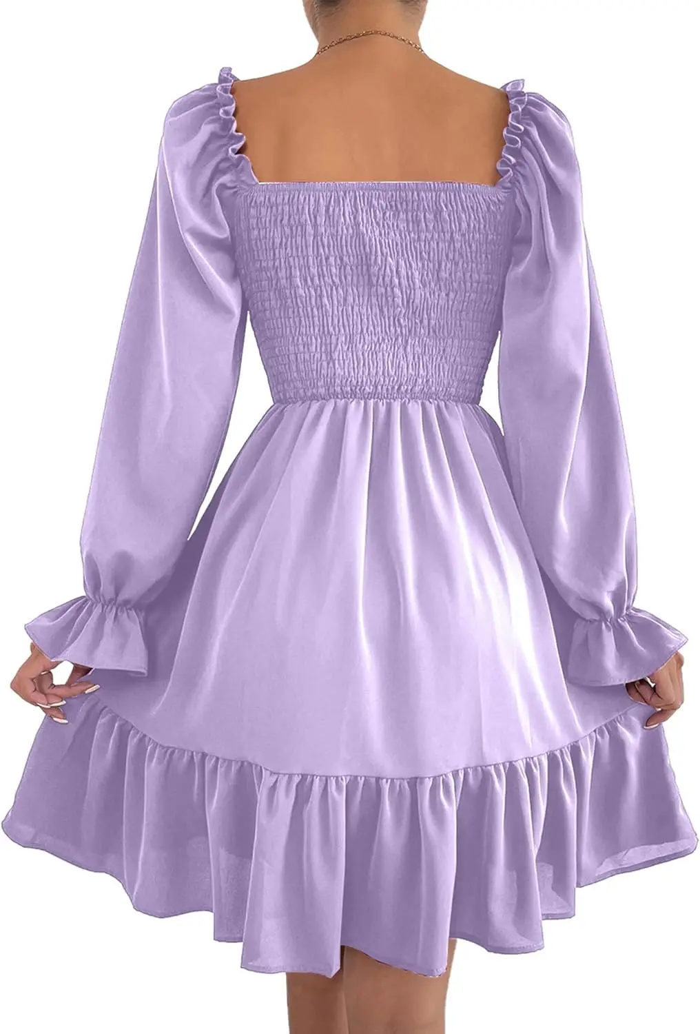 Abito da donna con maniche a sbuffo e collo quadrato, mini abito babydoll casual con linea svasata e orlo arricciato