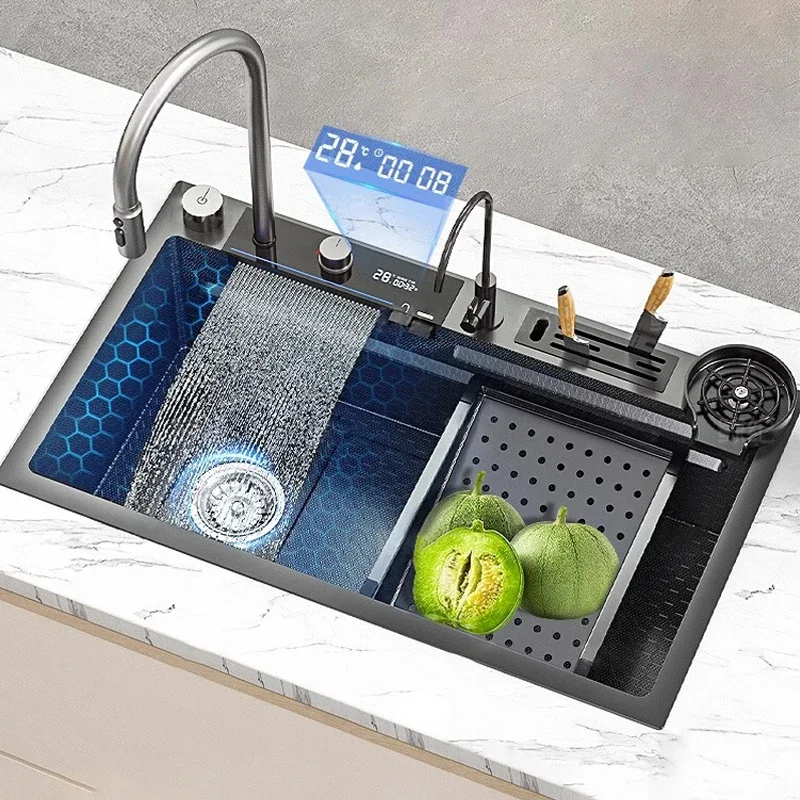 

304 Stainless Steel Waterfall Kitchen Sink Digital Display Large Single Slot Multi-functional Farmhouse Embossed Washbasin