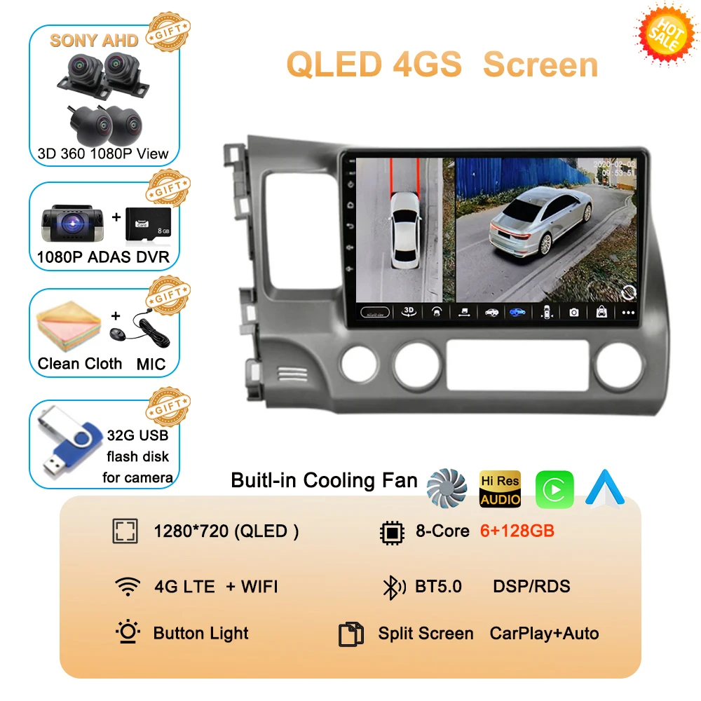 Android 16 autoradio voor Honda Civic 8e generatie (2005-2011) multimedia draadloze CarPlay Android Auto