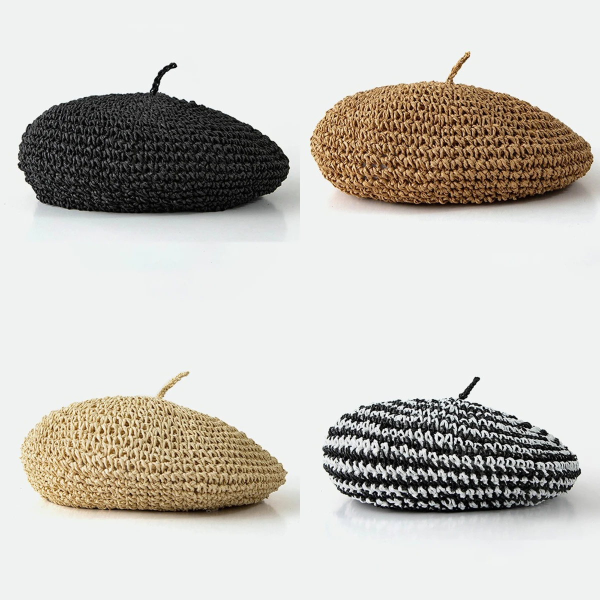 

Breathable Straw Crochet Beret Solid Color Knit Cap Boho Chic Design for Women Summer Beach and Spring Outdoor