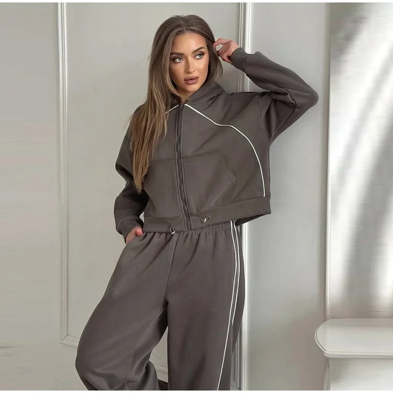 Damen-Hosen 2-teiliges Set: Kapuzenjacke mit langen Ärmeln und Reißverschluss, elastische Taille, weit geschnittene Hose, schicke Damen-Sportbekleidung, neues Herbst-Outfit. – Detail 16