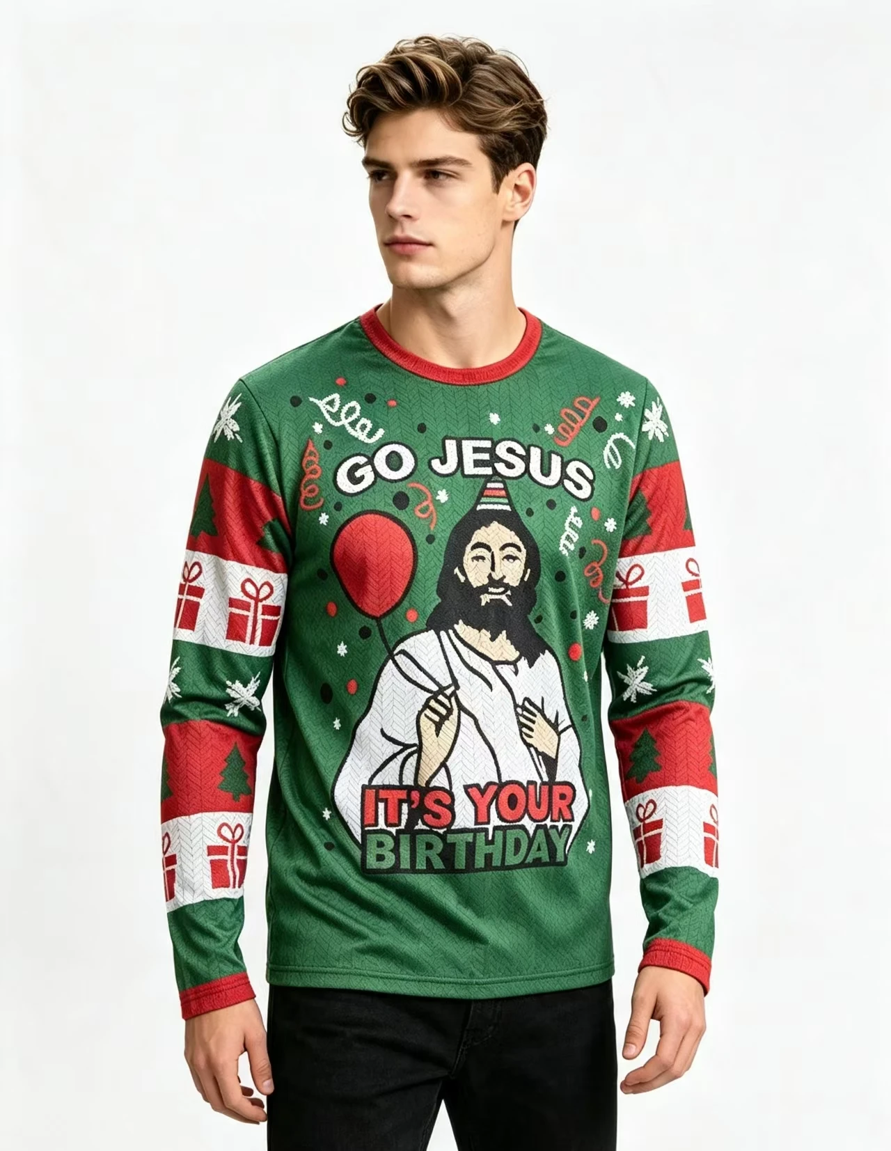Funny Jesus Birthday Happy Christmas Retro Printed Round-neck Long-sleeved Shirt Cute and Endearing Christmas Pullover Shirt
