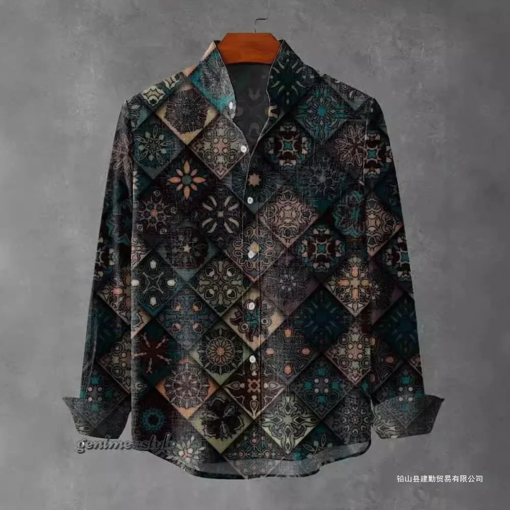 2025 Shirt Elegant Fragmented Pattern Printed Top Spring and Autumn Men's Fashion Stand collar Linen Long sleeved