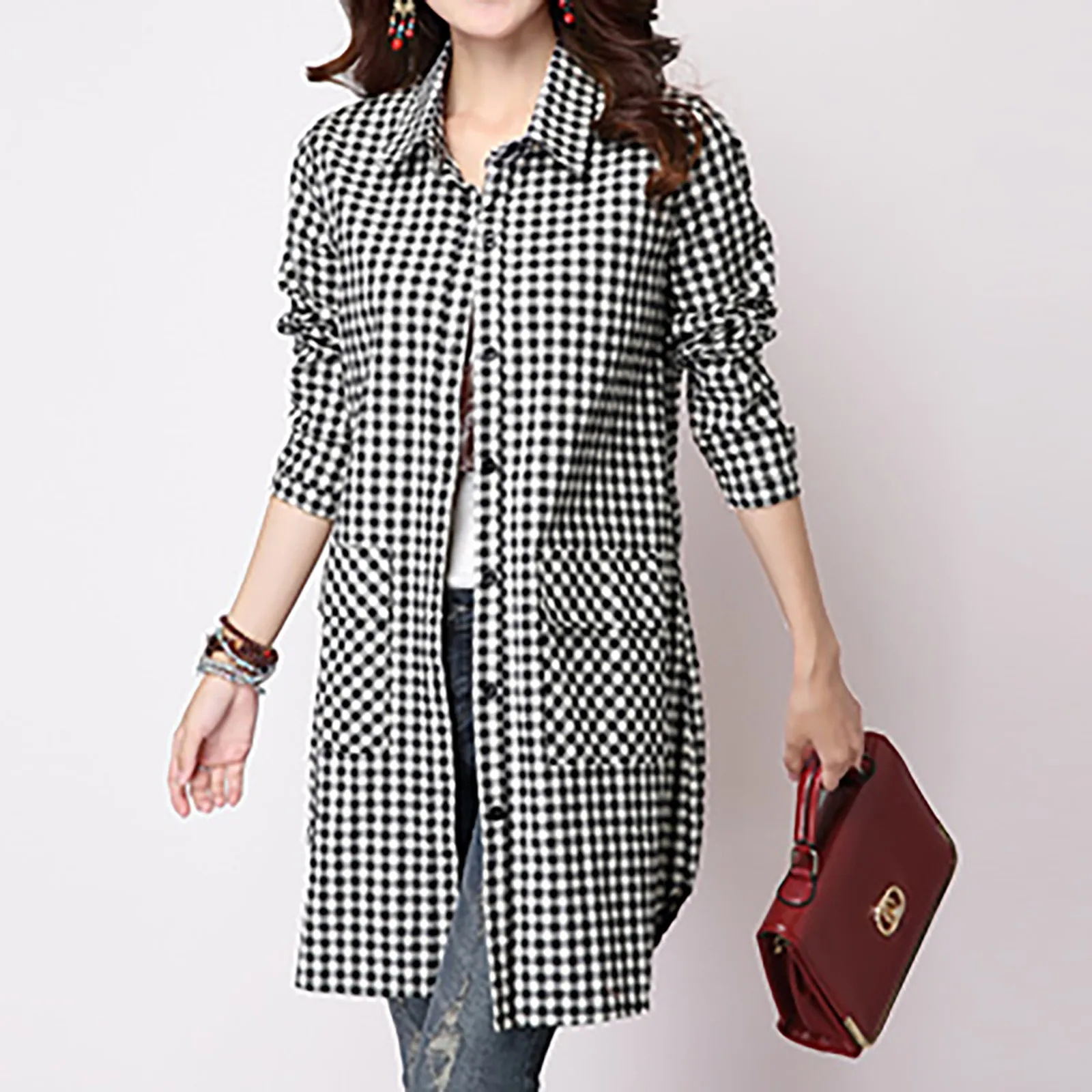 2024 Women's Plaid Pocket Long Sleeve Long Shirt Fashion T-Shirt New Lapel Fashion Casual Lightweight Versatile Daily Shirt