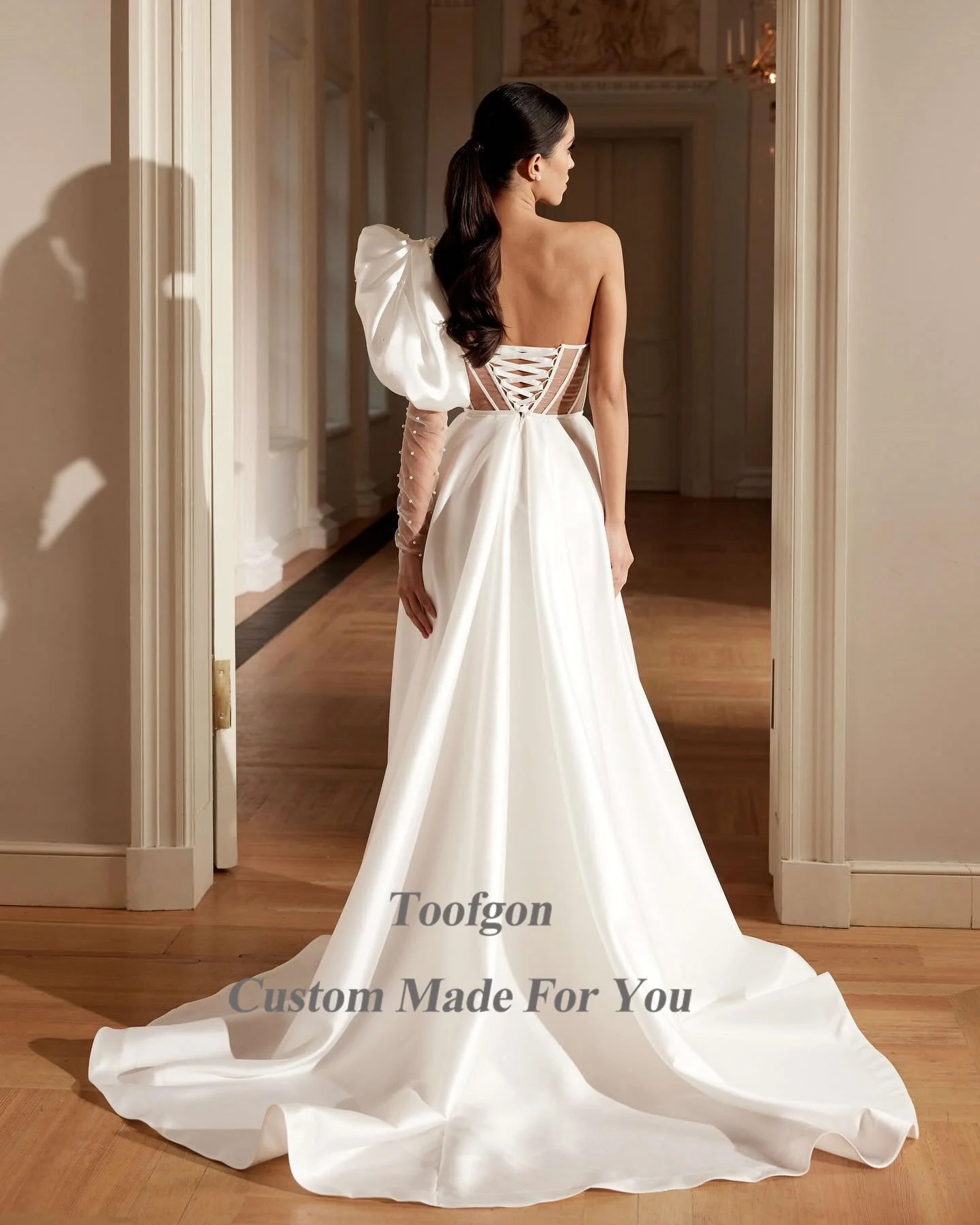 Toofgon A Line Satin Formal Wedding Dresses Corset Tulle Long Sleeves Bride Dress Women Wedding Photo Shoot Wear Bridal Gowns