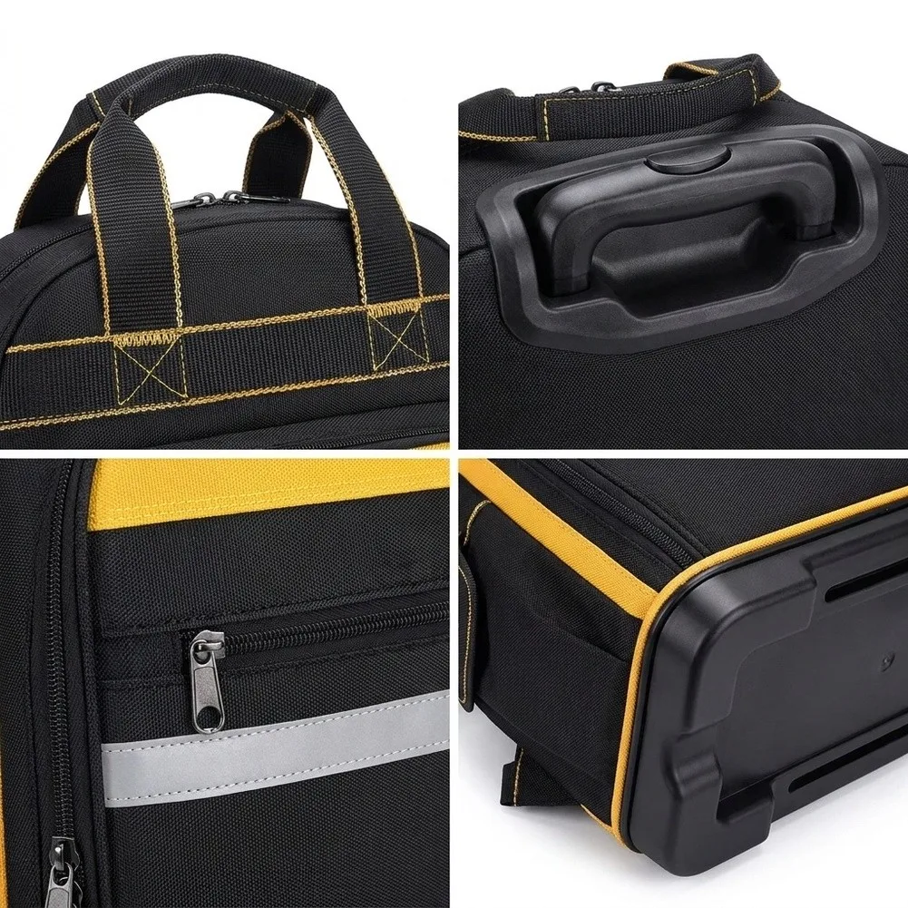 Tool Backpack With Hard Bottom And 13 Pockets For Repairman Electrician-Contractor Work Tool Bag Storage Organizer Black Yellow