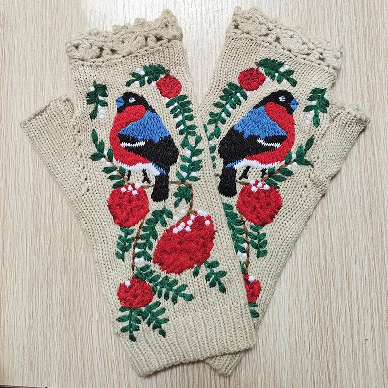 Mode Damen Herbst gestrickte handgemachte Stick handschuhe bestickte Vogel blumen mittellange halbe Finger warme Wolle Winter handschuhe