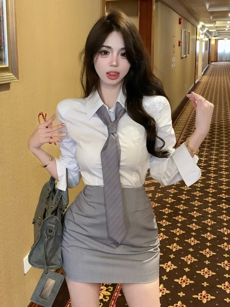 

Korean Style Long Sleeve Shirt Women's Summer Fashion Set High Waist Bodycon Skirt Skirt Two Piece Set Belt Included