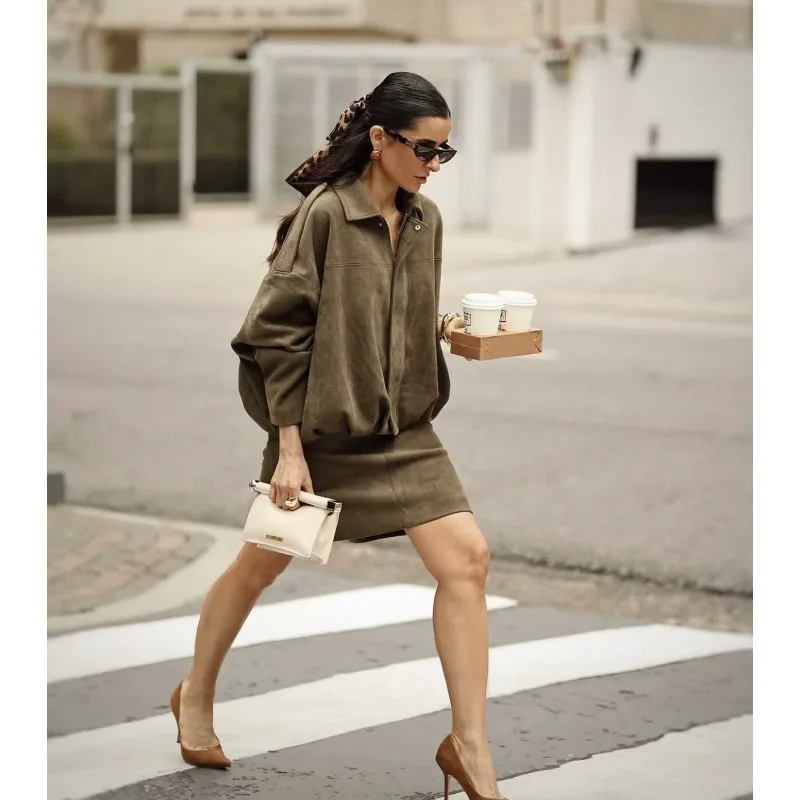 Women's Spring Autumn Pilot Jacket Batwing Sleeves Bomber Jacket Zipper Loose Suede Texture Coat Casual Top Streetwear