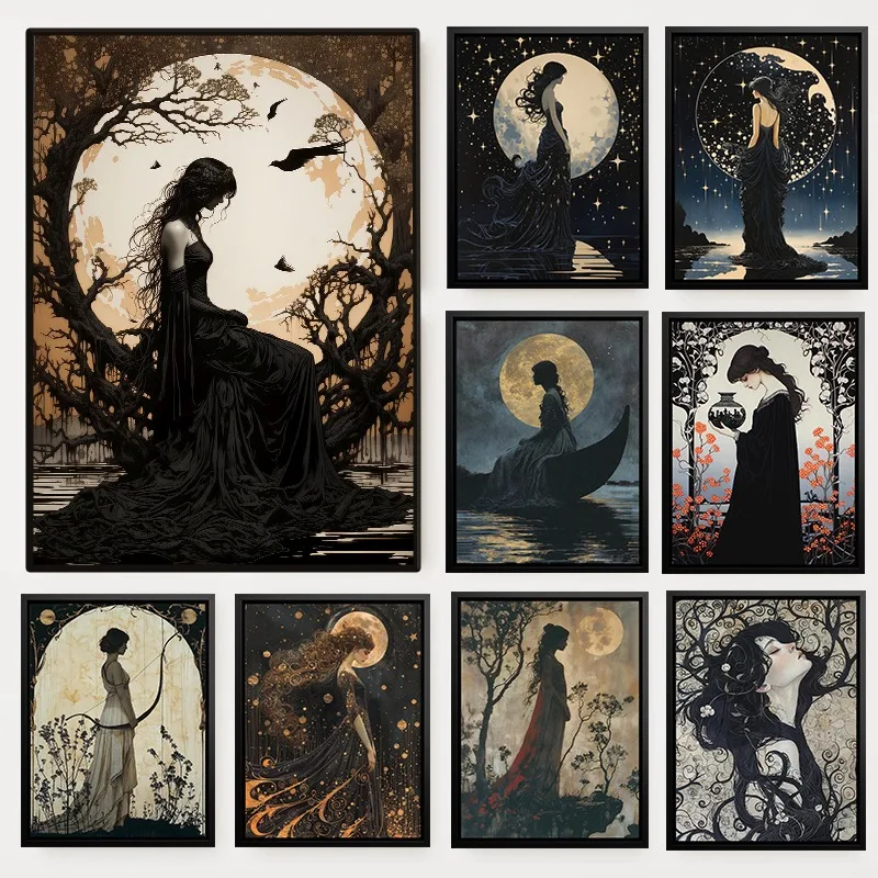 Greek Mythology Goddess of Stars and Constellations Poster Night Sky Moon Art Nouveau Canvas Painting Wall Room Home Decor Mural