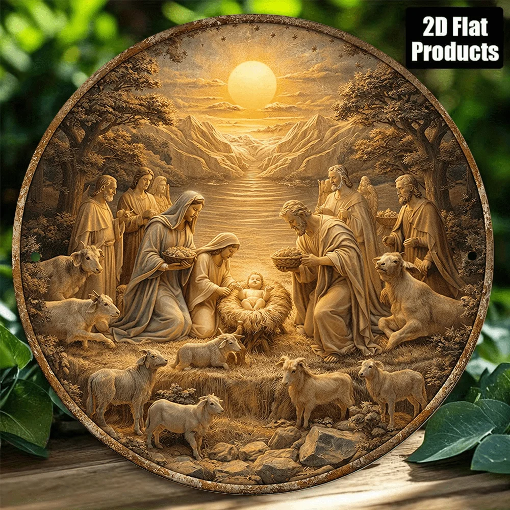 2D Vintage Metal Sign Nativity Scene Round Aluminum Wall Art Plaque for Home Living Room Coffee Shop Religious Gift