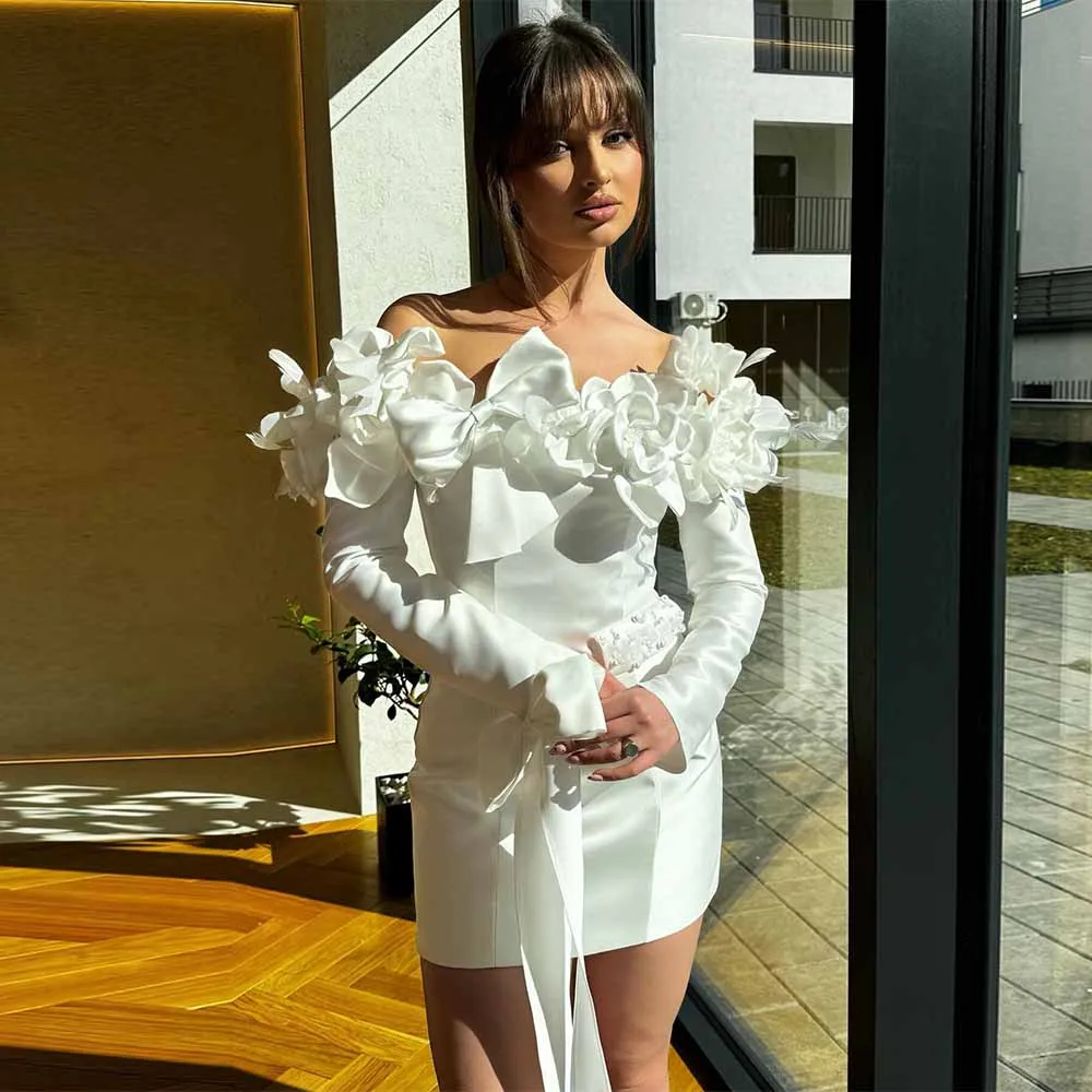 

Luxury Civil Wedding Dresses Mini 2025 Satin Sheath Wedding Party Dress White Off-the-shoulder 3D flowers Bows Short Prom Gown