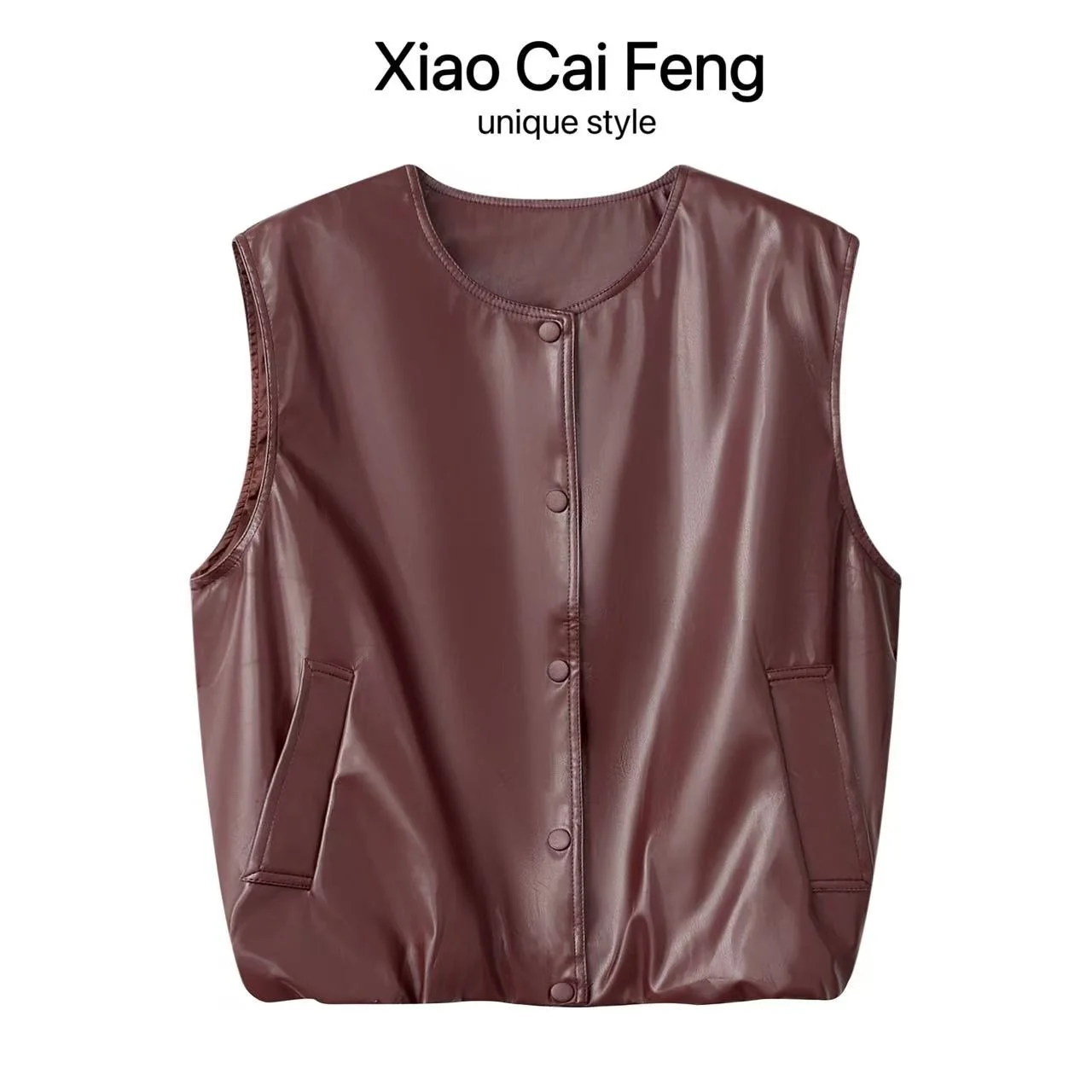 

Cool Red PU Leather Vest Women's Summer round Neck Single Button Fashionable Loose Sleeveless Layering Shoulder Pad