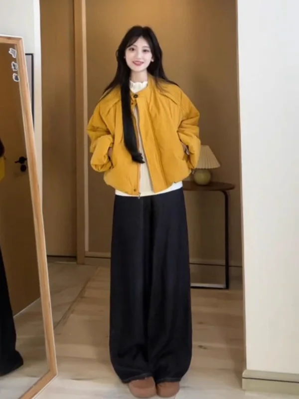 

Корейская теплая хлопковая куртка с круглым вырезом, модная женская верхняя одежда с рукавами-бутоны, универсальная, Зима 2025, Новинка