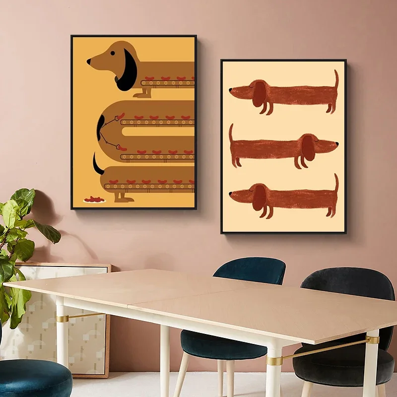 Adorable Cartoon Dachshund Dog Poster Print  Kawaii Animal Canvas Painting  Fun Wall Art for Kids Bedroom  Home Decor