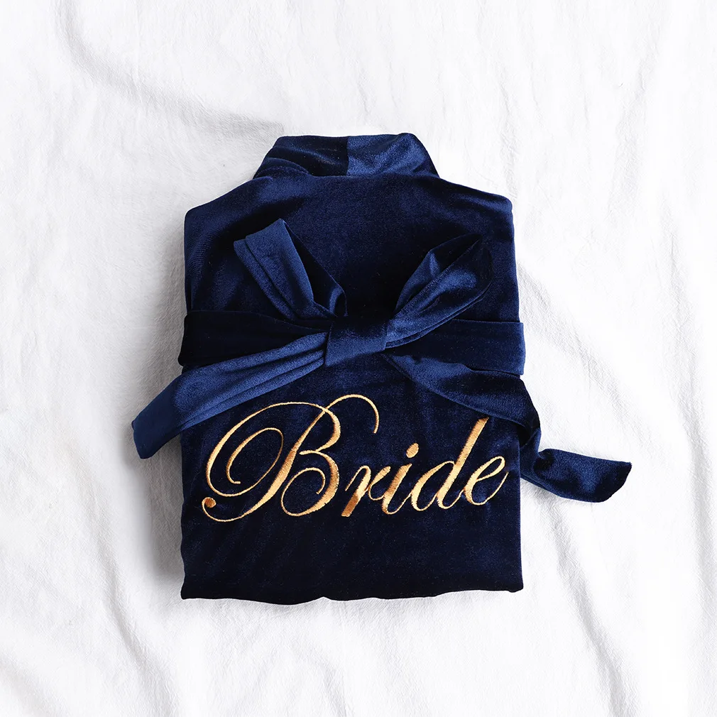 Wedding Bathrobe Gown Embroider Letter Nightwear Women Warm Velour Sleepwear Loose Kimono Sexy Team Bride Bridesmaid Loungewear