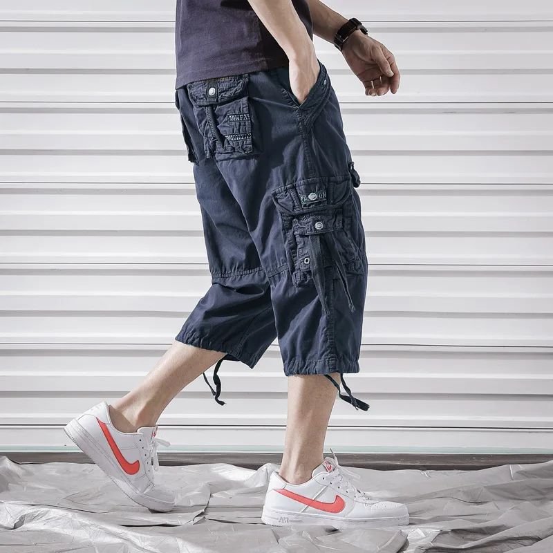 2026 New Summer Men's Cargo Shorts Loose Casual Below Knee Pants Elastic Waist Plus Size Outdoor Jogging Tactical Capri Pants