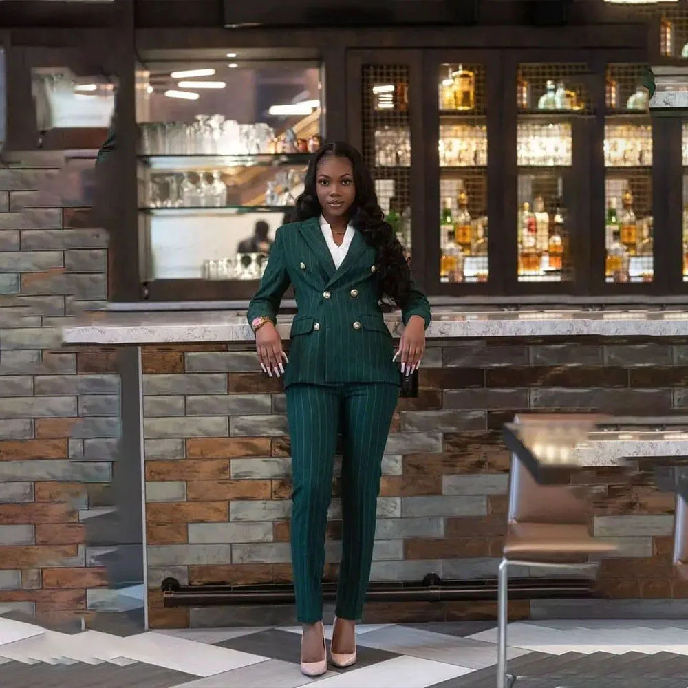 

Yimi Elegant Women's Suits 2 Pieces Peaked Lapel Double Breasted Pinstripe Jacket Evening Suit Formal Blazer Set Slim Customized