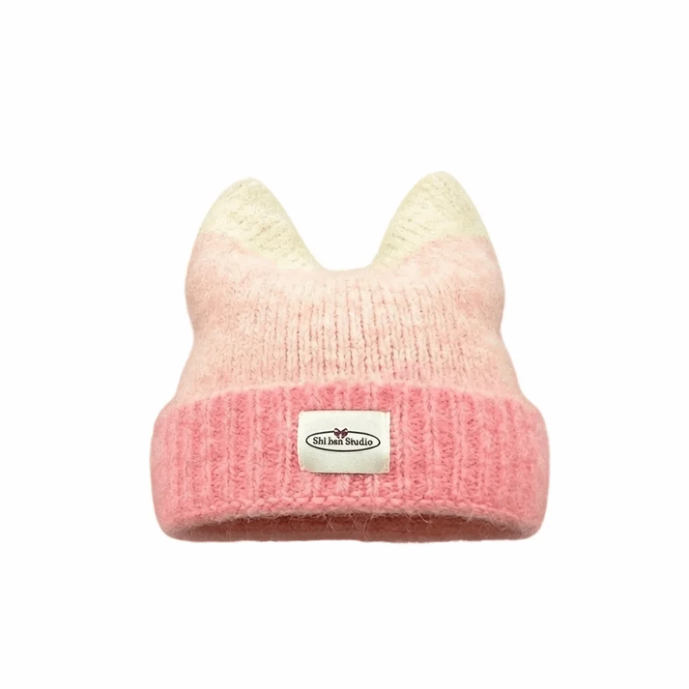 Fashion Gradual Change Color Knitted Hat Yarn Warm Winter Hat Cat Ears Shape Cute Beanie Hat Outdoor