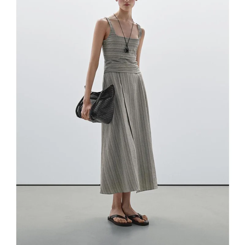 Estate New Chic Casual Sle Vest Dr Colletto quadrato Lunghezza midi Strisce sottili Donna Faion Vita alta Gonna a trapezio Dr