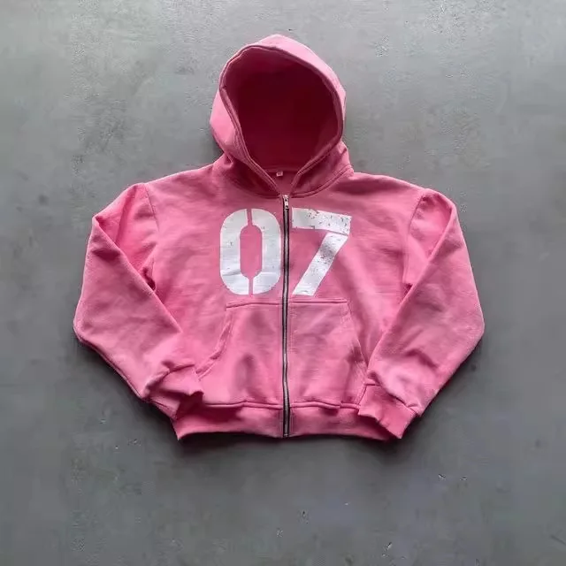 07 ชุดเสื้อมีฮู้ดทรงหลวมถนนอินเทรนด์สําหรับผู้ชายและผู้หญิงฮิปฮอปกีฬาซิปกางเกงมีฮู้ดชุด