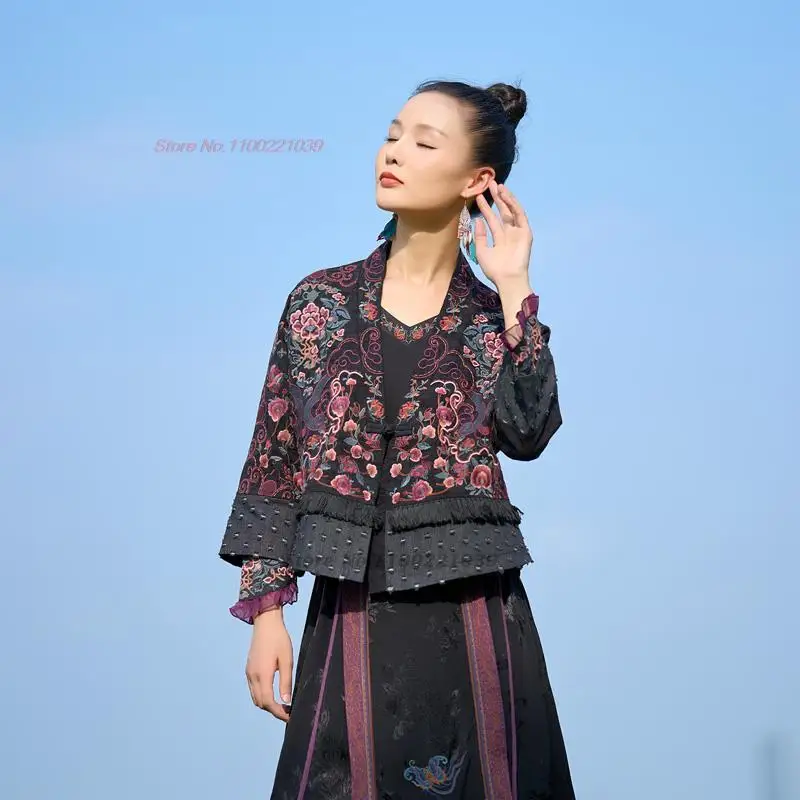 2026 chinese vintage hanfu coat national flower embroidery v-neck ethnic cardigan improved hanfu tops oriental retro tang suit