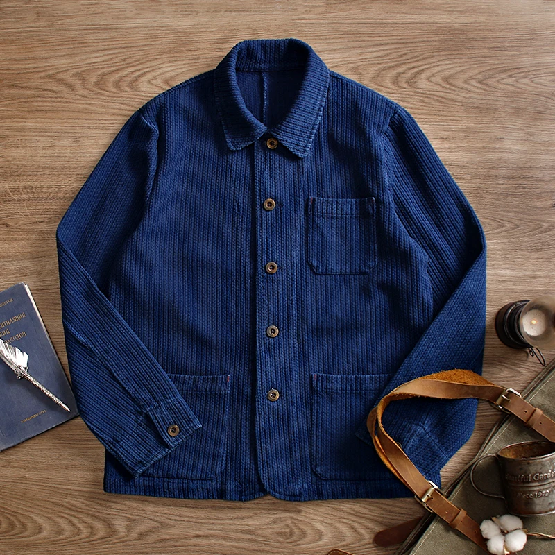 Indigo Cargo Jacket Men Vintage Heavy Weight Cotton Blue Dyed Workwear Tooling Jacket French Retro Multi-pocket Cardigan Coat