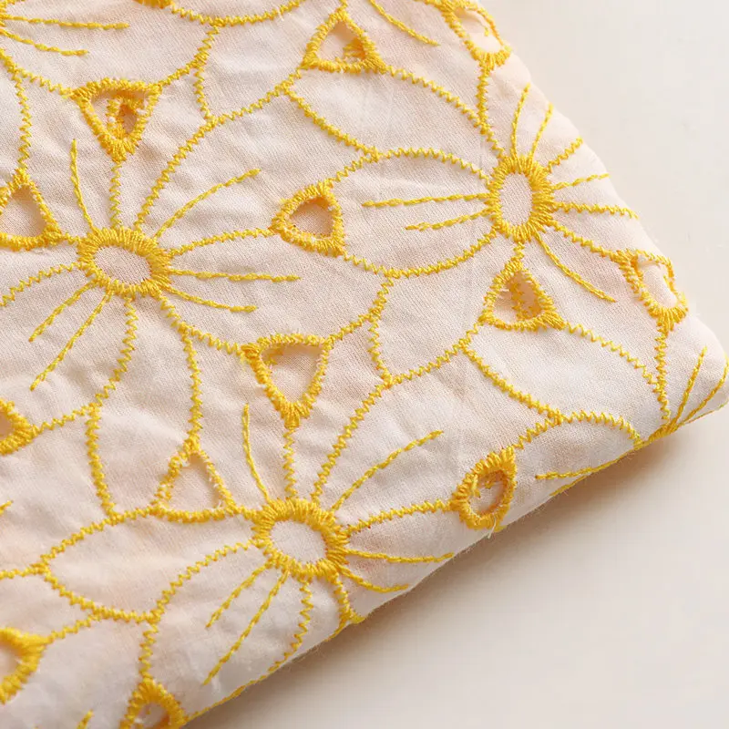 100% Cotton Embroidered Eyelet Lace Fabric Yellow Hollow Out Floral Soft Summer Lightweight Breathable Dress Custom DIY Sewing