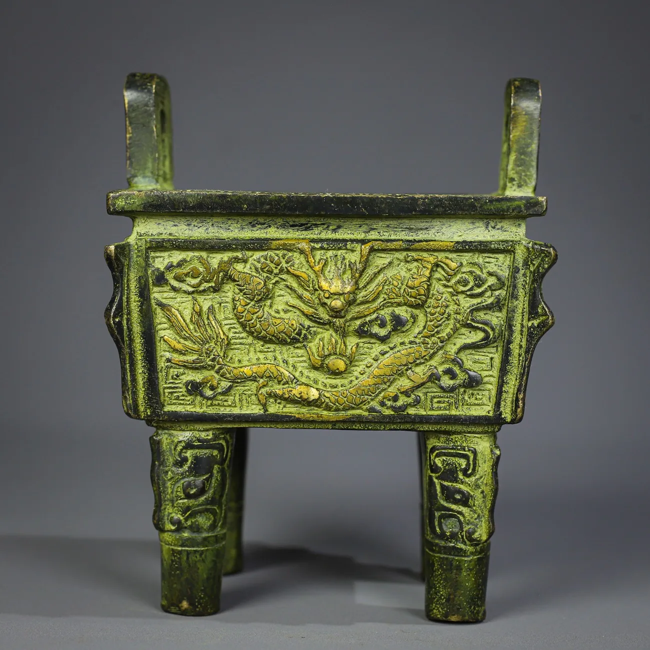 

4"Tibetan Temple Collection Old Brass Dragon pattern Double ear stove tripod Four legged incense burner Worship Hall